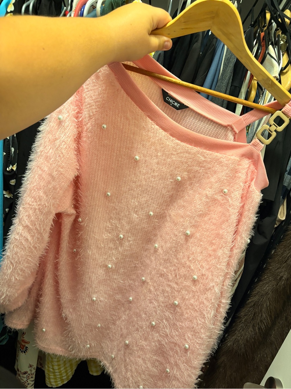 chic Pink Pearl-Accent Fuzzy Off-Shoulder Sweater